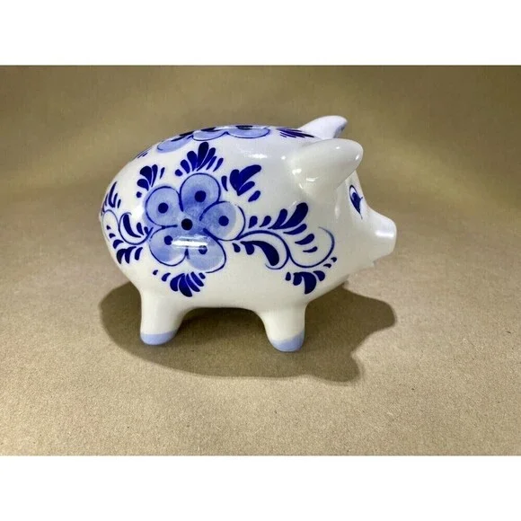 Vtg Hand Painted Delft Blue Small Piggy Coin Bank Holland Collectible w/ Stopper - Picture 3 of 10